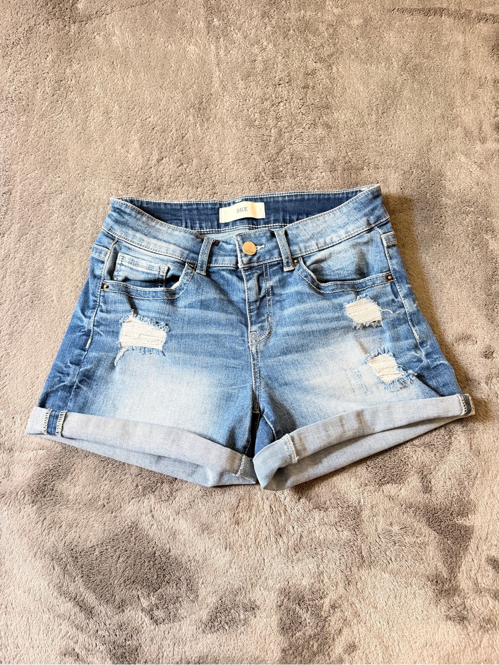 BKE Light Blue Distressed Roll-Cuff Denim Shorts